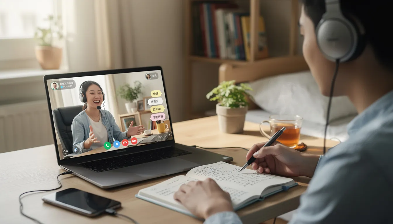 A person is engaged in a video chat with their Chinese language exchange partner on a computer, focusing on practicing Mandarin Chinese skills. The scene highlights the interactive nature of language learning, as they share vocabulary, pronunciation tips, and cultural insights while aiming to enhance their Chinese language abilities.