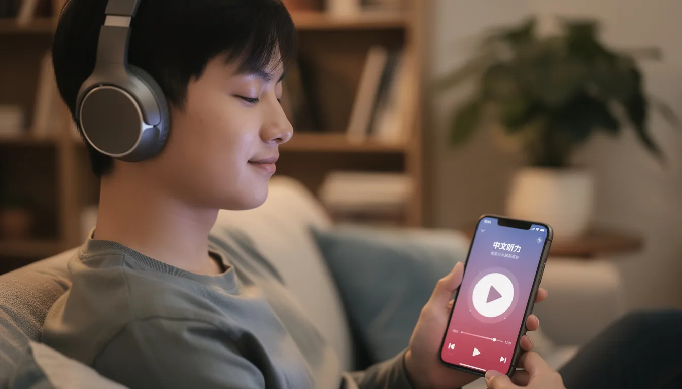 A person wearing headphones is focused on listening to Chinese audio content, likely practicing Mandarin Chinese to improve their pronunciation and comprehension skills. This engaging method supports language learners in their journey to speak Chinese fluently and understand key vocabulary and phrases.