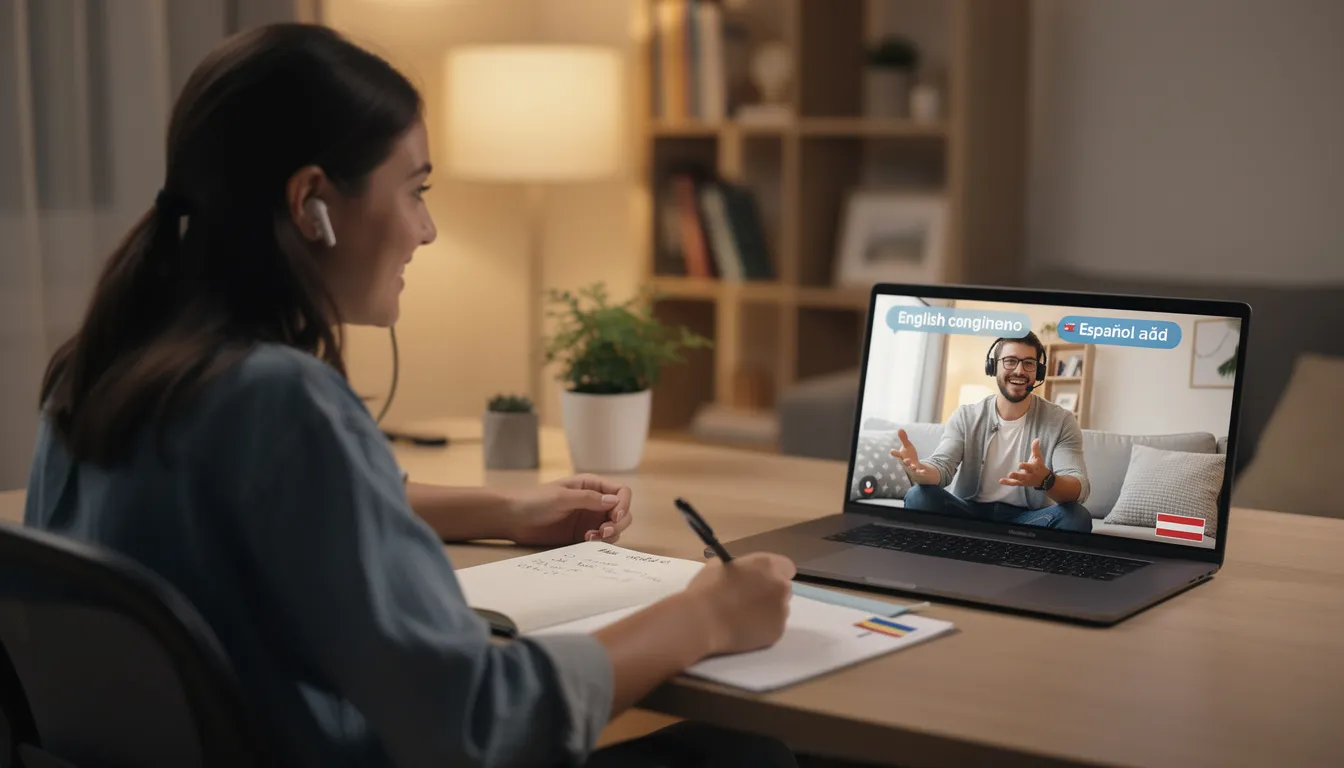 The image depicts two people engaged in a language exchange conversation via video call, sharing their knowledge of Mandarin Chinese. They are likely discussing Chinese characters, vocabulary, and cultural aspects, enhancing their language learning experience together.