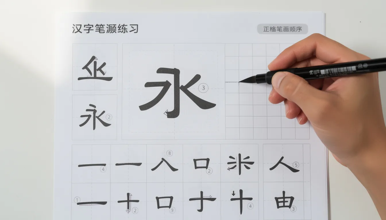 The image features a hand demonstrating the proper stroke order for writing Chinese characters, showcasing the essential techniques for language learners. This visual guide aids those studying Mandarin Chinese in mastering the writing system and enhancing their Chinese skills.
