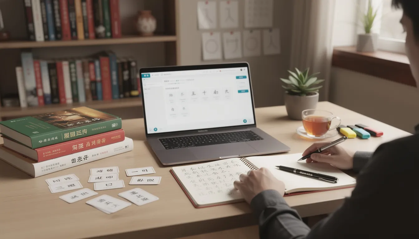 A person is setting up a dedicated study space, surrounded by Chinese learning materials including a laptop, a notebook, and vocabulary lists featuring simplified Chinese characters. This setup reflects their commitment to learning Mandarin Chinese, enhancing their language skills through effective study practices.