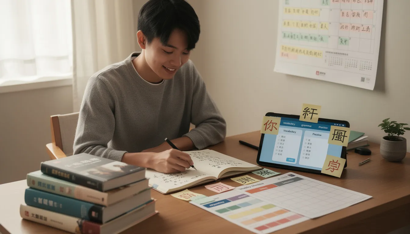 The image depicts a person studying Mandarin Chinese, surrounded by organized learning materials, including books with Chinese characters, vocabulary lists, and a daily study schedule. This setup emphasizes the importance of consistent effort and effective resources in the journey to learn Chinese and speak fluently.