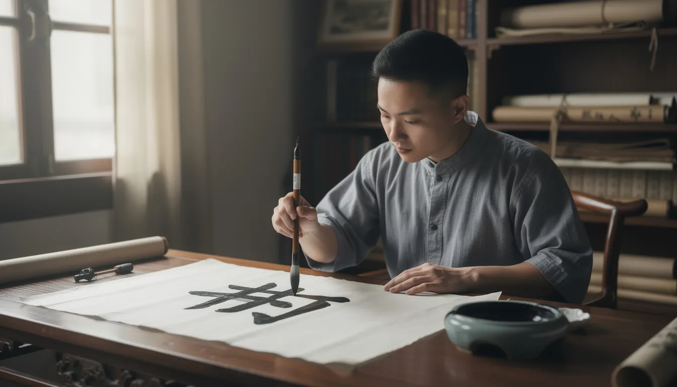 A student is practicing Chinese calligraphy using a brush and ink, carefully forming traditional Chinese characters on rice paper. This activity helps language learners improve their writing skills and deepen their understanding of the Chinese language.