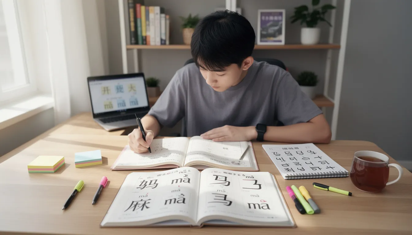 A student is sitting at a desk surrounded by textbooks, actively studying Chinese characters and tones, which are essential for learning Mandarin Chinese. The scene captures the dedication required for mastering the Chinese language, highlighting the importance of consistent practice and proficiency in reading and writing.