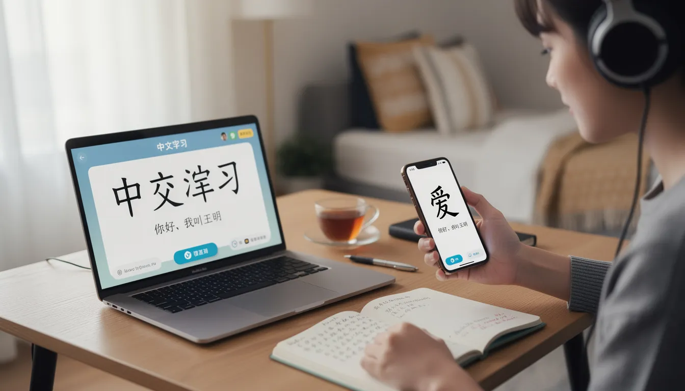 A person is wearing headphones and focused on studying Mandarin Chinese, using a laptop and a mobile phone to access online resources. They are surrounded by notes featuring simplified Chinese characters, indicating their commitment to learning the Chinese language and enhancing their vocabulary skills.