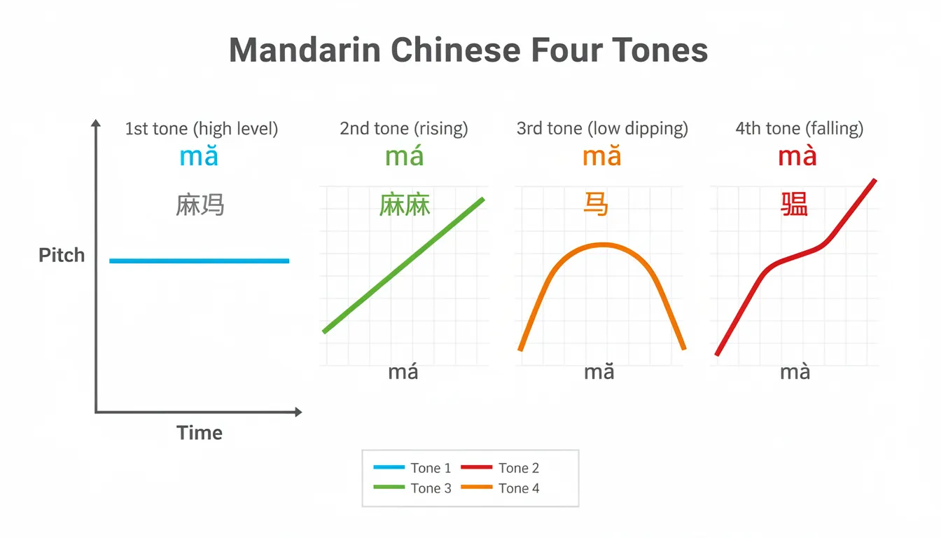 The image depicts a visual diagram illustrating the four Mandarin tones, featuring distinct pitch curves alongside example simplified Chinese characters. This educational tool is designed to aid Chinese language learners in mastering Chinese pronunciation and understanding tonal differences essential for effective communication in Mandarin Chinese.