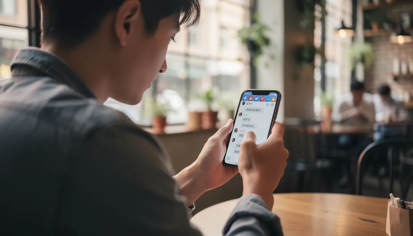 A person is engaged with a mobile device, practicing Mandarin Chinese on social media platforms, surrounded by various learning materials featuring Chinese characters and vocabulary. This scene highlights the integration of technology in language learning, as the individual aims to improve their skills in speaking and writing Chinese.