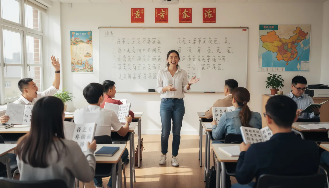 The image depicts a vibrant Chinese language classroom where students, including native English speakers, engage in speaking practice with a native instructor. The setting emphasizes active learning as students work on their Mandarin proficiency, focusing on conversational fluency and the nuances of the tonal language.